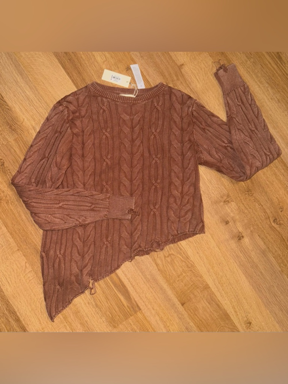 Gilded Intent Cable Knit Asymmetric Hem Crew Sweater - Brown